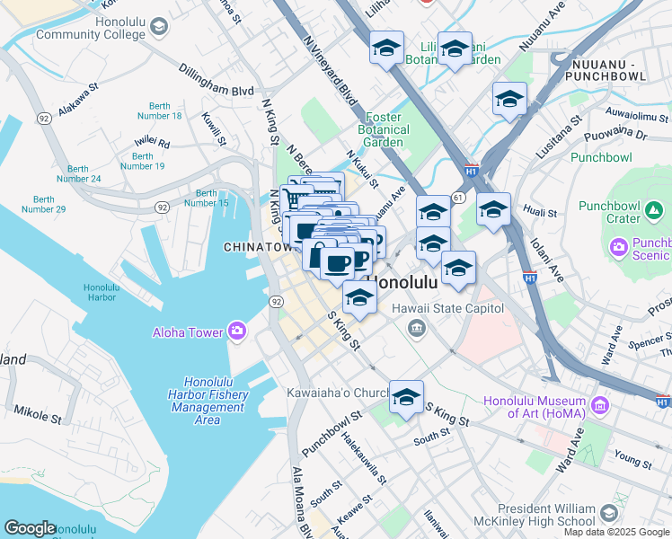 map of restaurants, bars, coffee shops, grocery stores, and more near 1114 Fort Street Mall in Honolulu