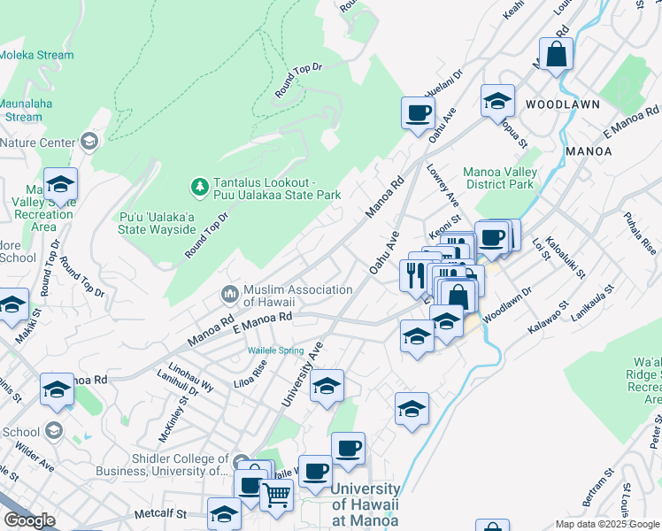 map of restaurants, bars, coffee shops, grocery stores, and more near 2750 Terrace Drive in Honolulu