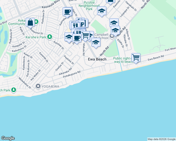 map of restaurants, bars, coffee shops, grocery stores, and more near 91-743 Pohakupuna Road in Ewa Beach