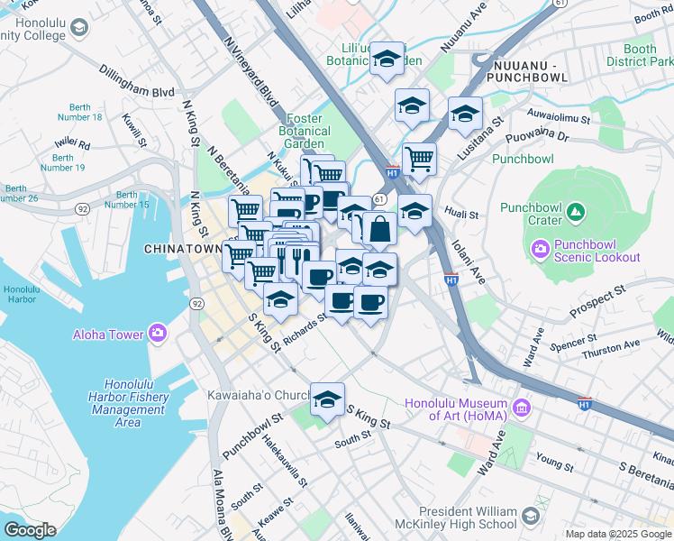 map of restaurants, bars, coffee shops, grocery stores, and more near 1291-1299 Queen Emma Street in Honolulu