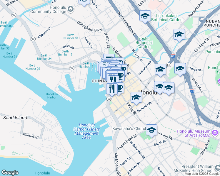 map of restaurants, bars, coffee shops, grocery stores, and more near in Honolulu