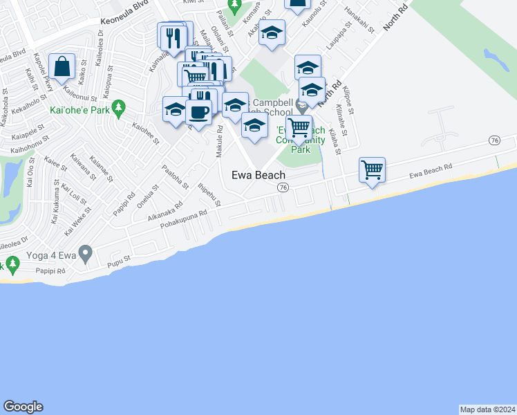 map of restaurants, bars, coffee shops, grocery stores, and more near 91-770 Oneula Place in Ewa Beach