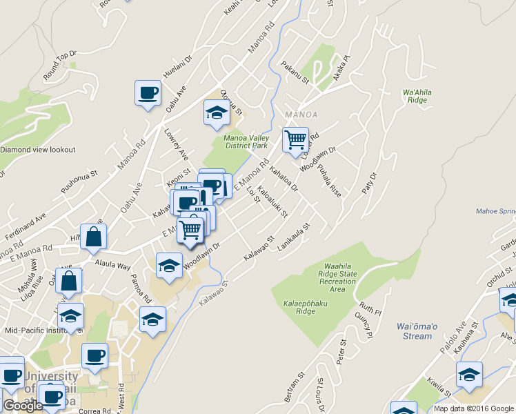 map of restaurants, bars, coffee shops, grocery stores, and more near 2953 Loi Street in Honolulu