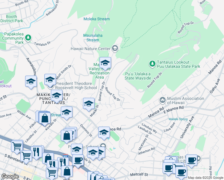 map of restaurants, bars, coffee shops, grocery stores, and more near 2198 Round Top Drive in Honolulu