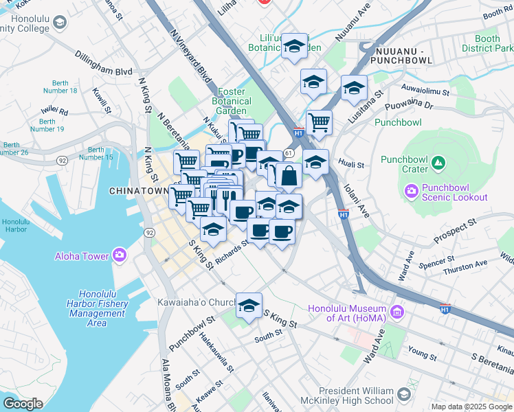 map of restaurants, bars, coffee shops, grocery stores, and more near 1275 Queen Emma Street in Honolulu