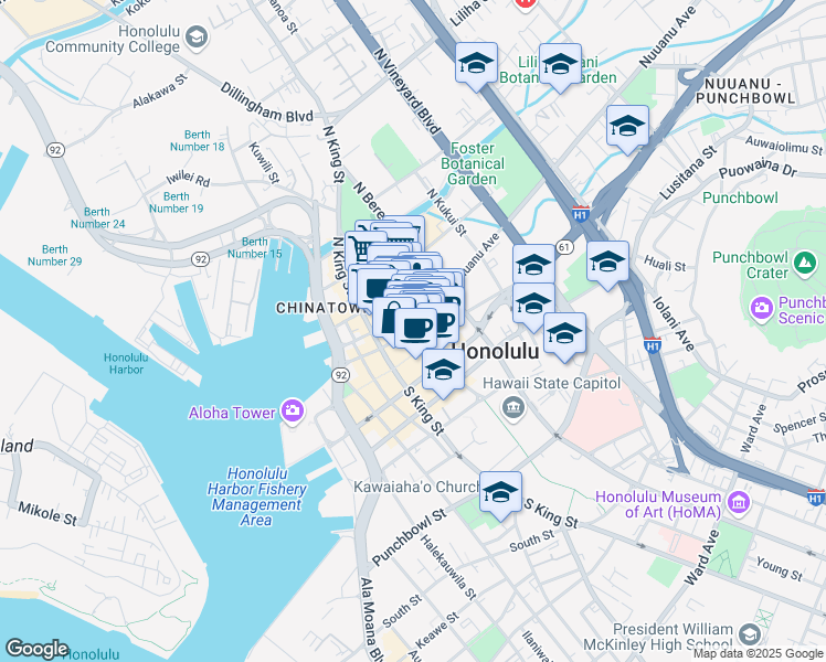 map of restaurants, bars, coffee shops, grocery stores, and more near 1114 Fort Street Mall in Honolulu