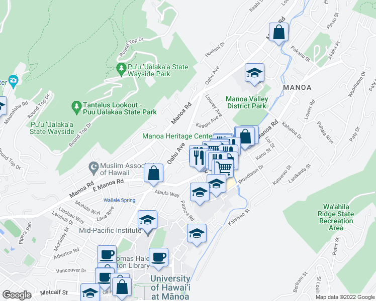 map of restaurants, bars, coffee shops, grocery stores, and more near 2620 Anuenue Street in Honolulu