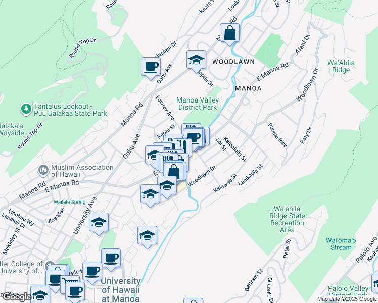 map of restaurants, bars, coffee shops, grocery stores, and more near 2955 East Manoa Road in Honolulu