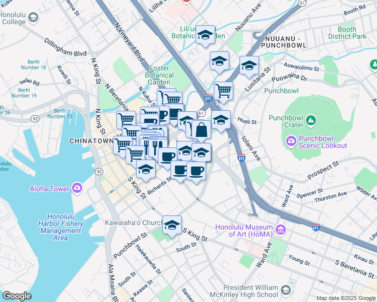 map of restaurants, bars, coffee shops, grocery stores, and more near 1291 Queen Emma Street in Honolulu