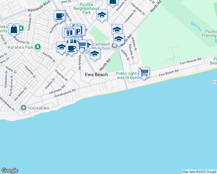 map of restaurants, bars, coffee shops, grocery stores, and more near 91-871 Pohakupuna Road in Ewa Beach