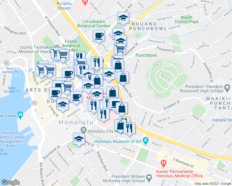 map of restaurants, bars, coffee shops, grocery stores, and more near 1518 Pele Street in Honolulu