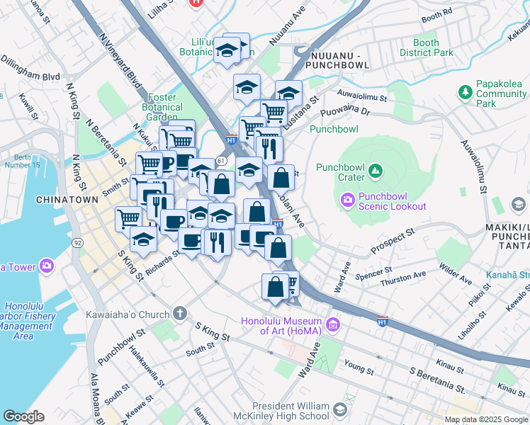 map of restaurants, bars, coffee shops, grocery stores, and more near 1455 Lusitana Street in Honolulu
