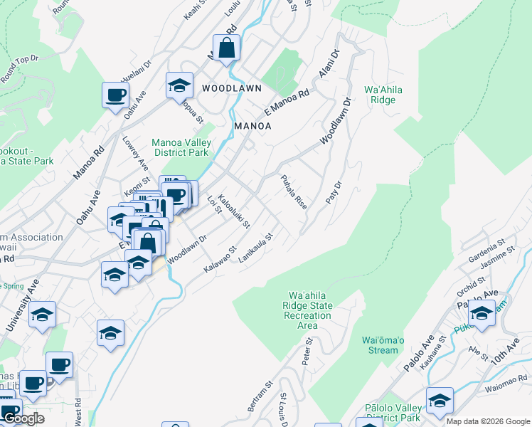 map of restaurants, bars, coffee shops, grocery stores, and more near 3037 Kahaloa Drive in Honolulu