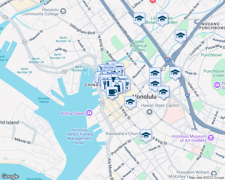 map of restaurants, bars, coffee shops, grocery stores, and more near 1010 Nuuanu Avenue in Honolulu