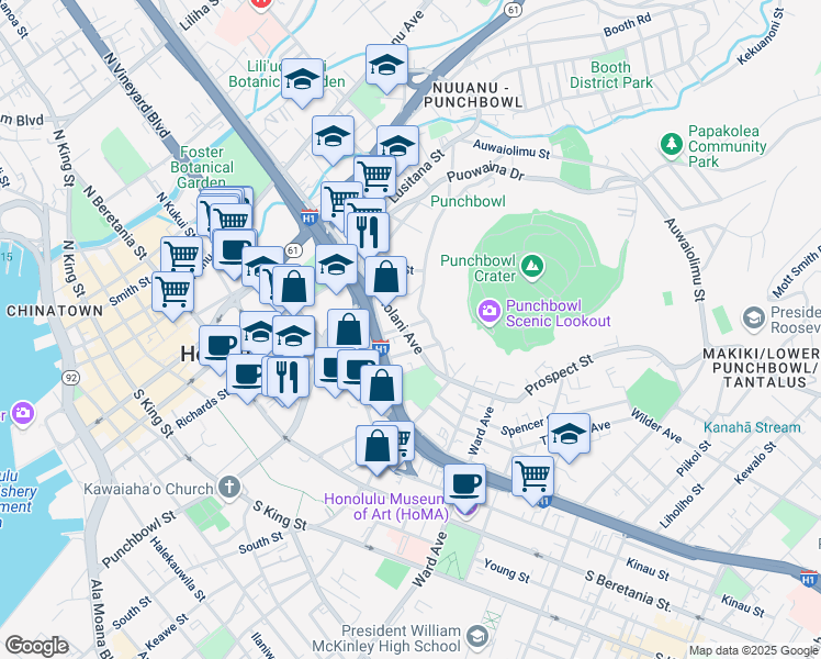 map of restaurants, bars, coffee shops, grocery stores, and more near 409 Iolani Avenue in Honolulu