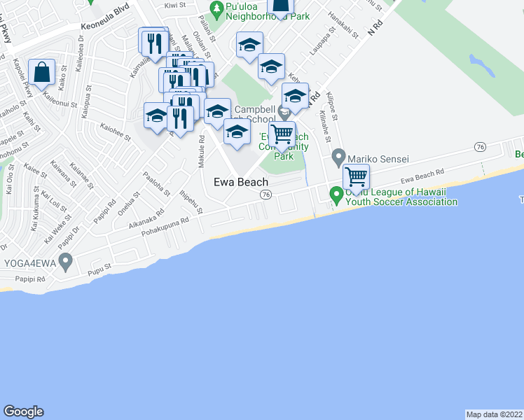 map of restaurants, bars, coffee shops, grocery stores, and more near 91-849 Pohakupuna Road in Ewa Beach