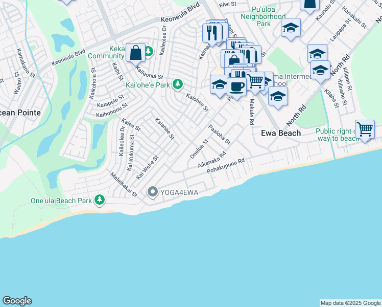 map of restaurants, bars, coffee shops, grocery stores, and more near 91-535 Onelua Street in Ewa Beach