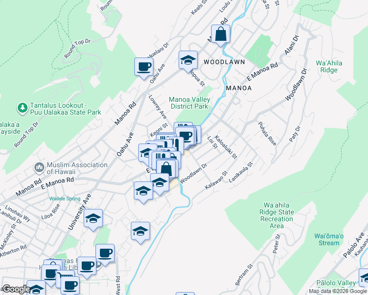 map of restaurants, bars, coffee shops, grocery stores, and more near 2955 East Manoa Road in Honolulu