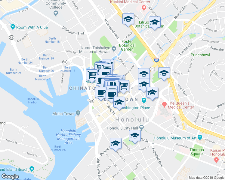 map of restaurants, bars, coffee shops, grocery stores, and more near 1130 Bethel St in Honolulu