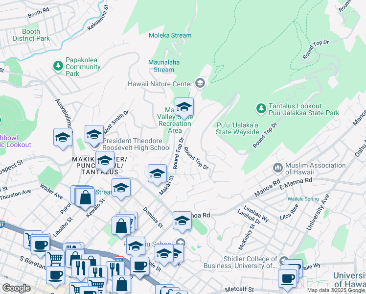 map of restaurants, bars, coffee shops, grocery stores, and more near 2063 Round Top Drive in Honolulu