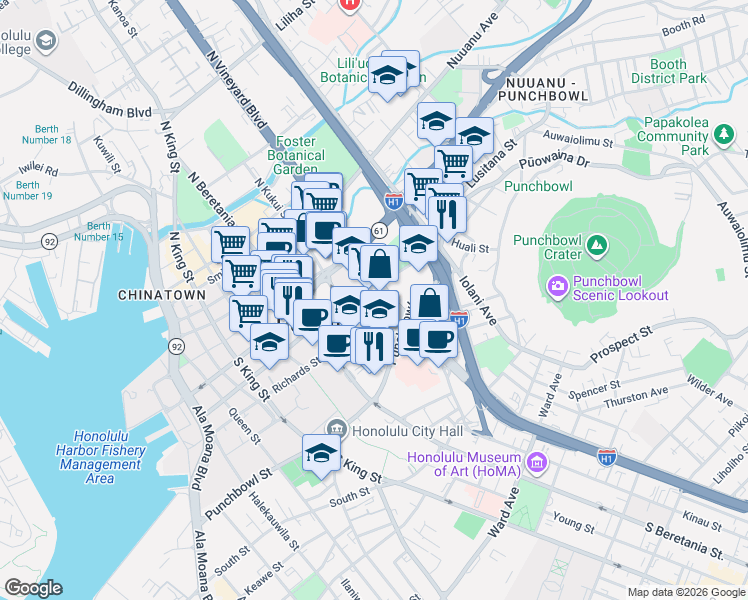map of restaurants, bars, coffee shops, grocery stores, and more near 265 South Vineyard Street in Honolulu