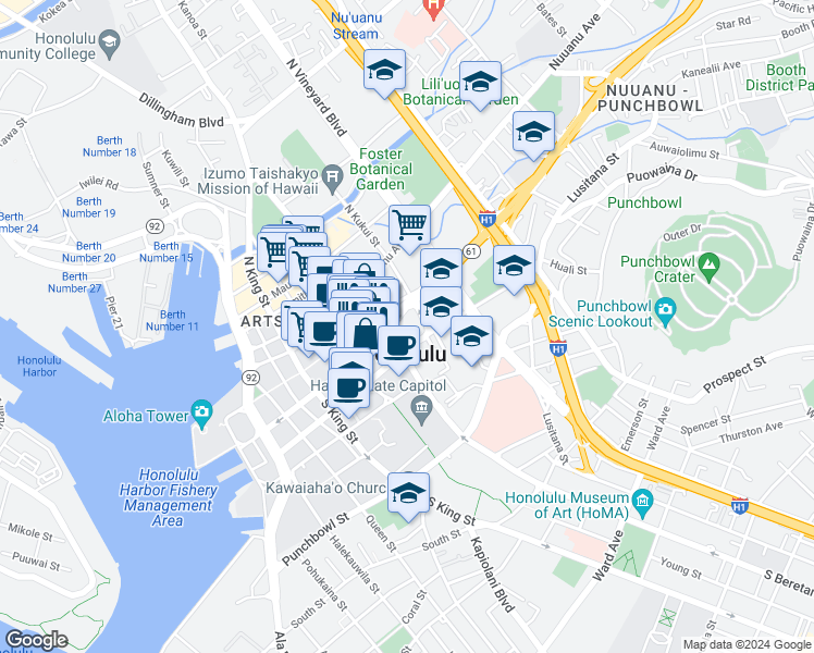 map of restaurants, bars, coffee shops, grocery stores, and more near in Honolulu