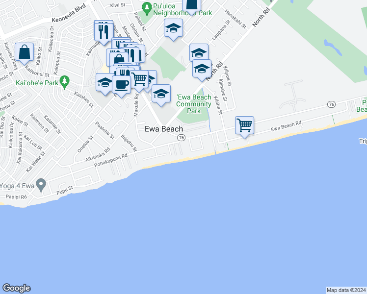 map of restaurants, bars, coffee shops, grocery stores, and more near 91-869 Pohakupuna Road in Ewa Beach