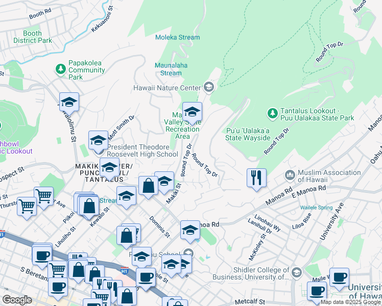 map of restaurants, bars, coffee shops, grocery stores, and more near 2063 Round Top Drive in Honolulu