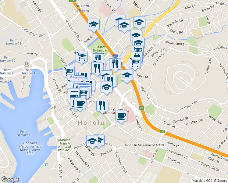 map of restaurants, bars, coffee shops, grocery stores, and more near 265 South Vineyard Street in Honolulu
