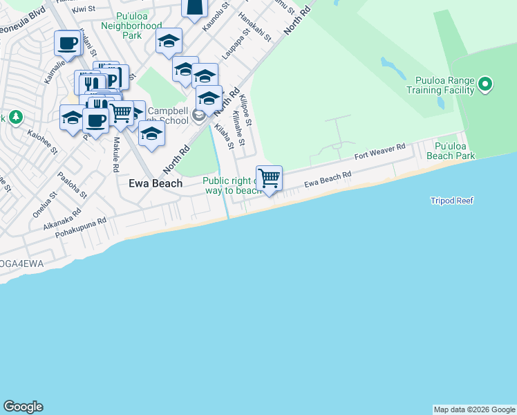 map of restaurants, bars, coffee shops, grocery stores, and more near 91-495A Ewa Beach Road in Ewa Beach