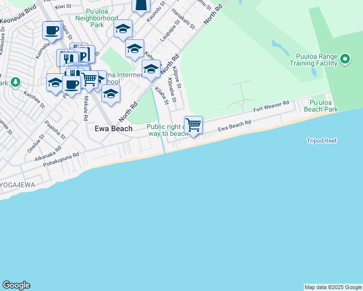 map of restaurants, bars, coffee shops, grocery stores, and more near 91-495A Ewa Beach Road in Ewa Beach