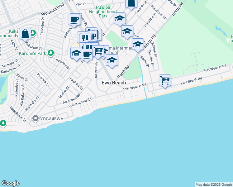 map of restaurants, bars, coffee shops, grocery stores, and more near 91-770 Oneula Place in Ewa Beach