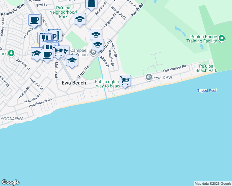 map of restaurants, bars, coffee shops, grocery stores, and more near 91-495A Ewa Beach Road in Ewa Beach