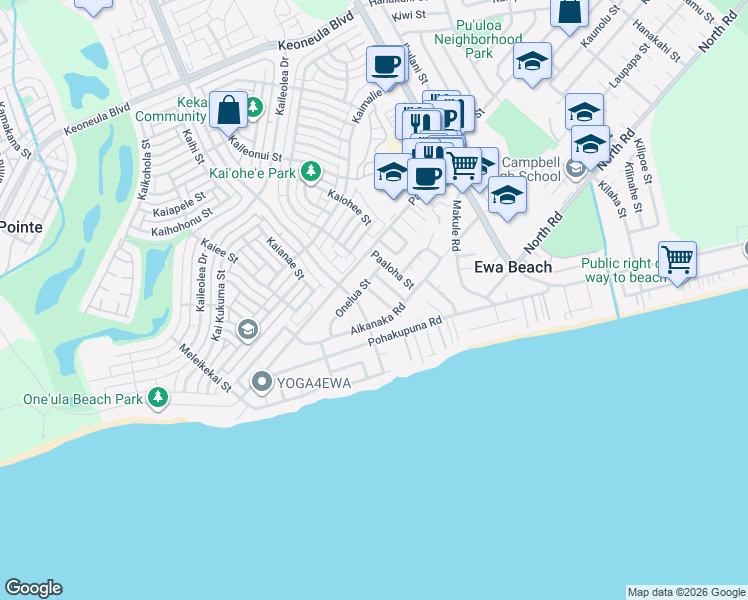 map of restaurants, bars, coffee shops, grocery stores, and more near 91-626 Aikanaka Road in Ewa Beach