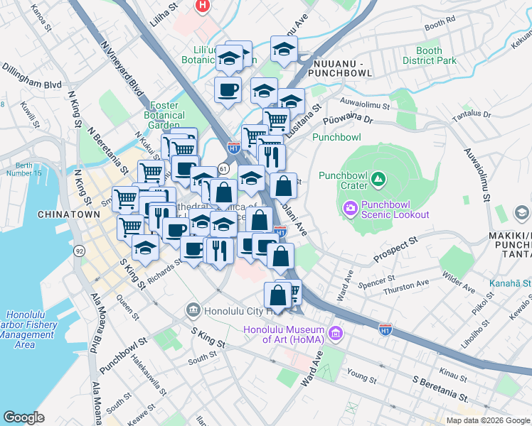 map of restaurants, bars, coffee shops, grocery stores, and more near 1469 Lusitana Street in Honolulu