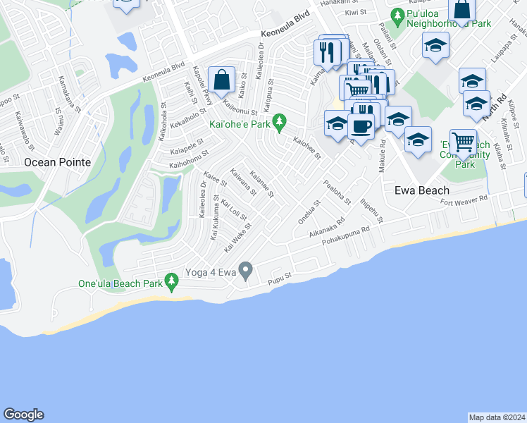 map of restaurants, bars, coffee shops, grocery stores, and more near 91-1023 Kai Weke Street in Ewa Beach