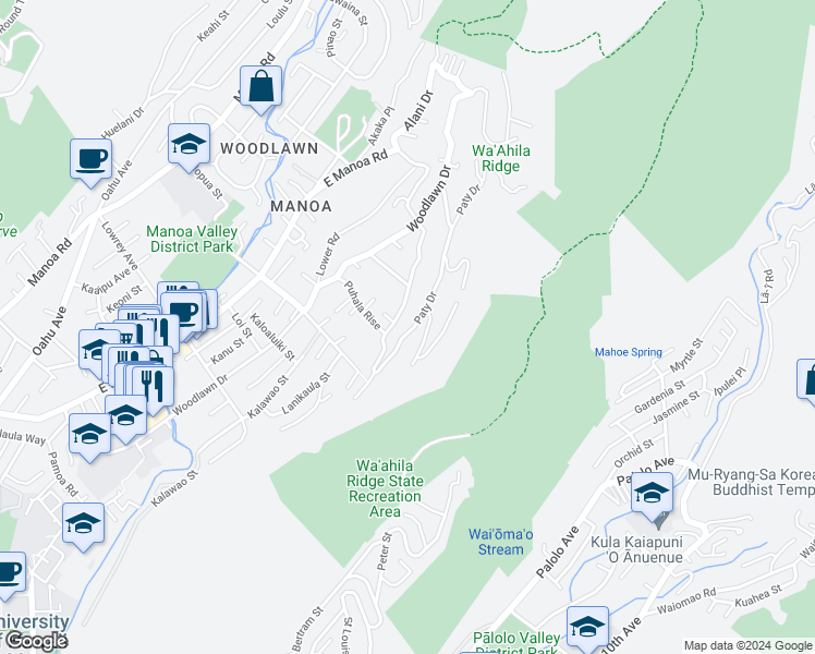 map of restaurants, bars, coffee shops, grocery stores, and more near 3147 Paty Drive in Honolulu