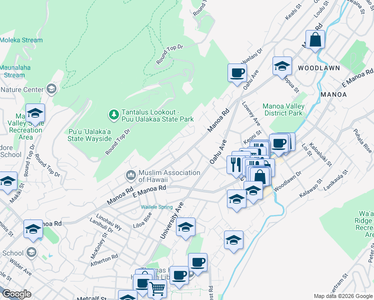 map of restaurants, bars, coffee shops, grocery stores, and more near 2750 Terrace Drive in Honolulu