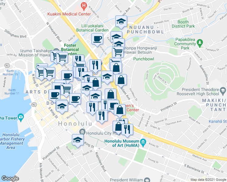 map of restaurants, bars, coffee shops, grocery stores, and more near 1518 Pele Street in Honolulu
