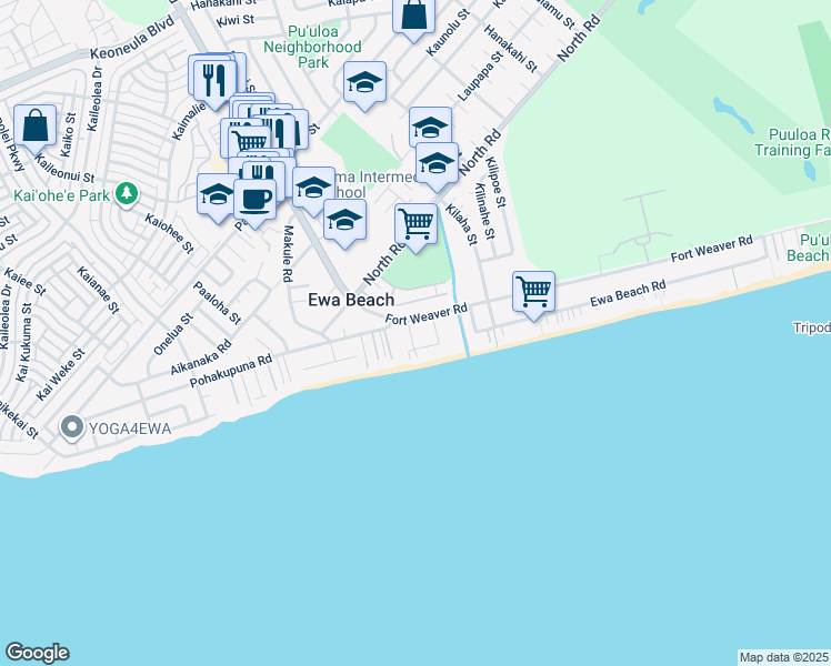 map of restaurants, bars, coffee shops, grocery stores, and more near 91-55 Parish Drive in Ewa Beach