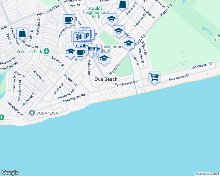 map of restaurants, bars, coffee shops, grocery stores, and more near 91-770 Oneula Place in Ewa Beach