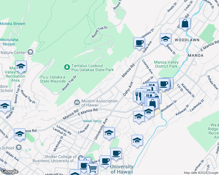 map of restaurants, bars, coffee shops, grocery stores, and more near 2750 Terrace Drive in Honolulu