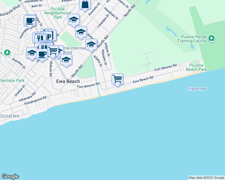 map of restaurants, bars, coffee shops, grocery stores, and more near 91-480 Ewa Beach Road in Ewa Beach