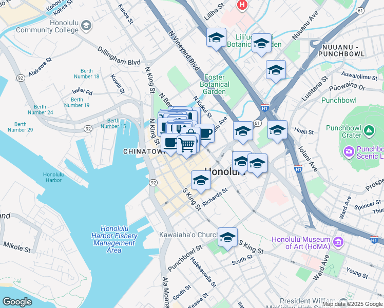 map of restaurants, bars, coffee shops, grocery stores, and more near 8 North Pauahi Street in Honolulu