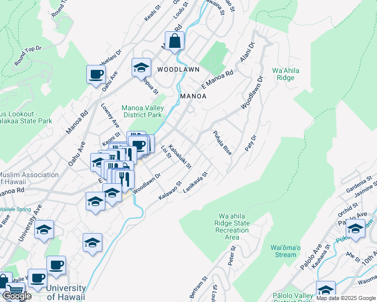 map of restaurants, bars, coffee shops, grocery stores, and more near Kalehua Street in Honolulu