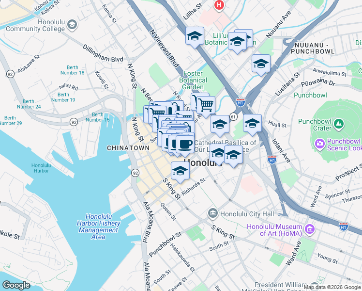 map of restaurants, bars, coffee shops, grocery stores, and more near 1165 Bethel Street in Honolulu