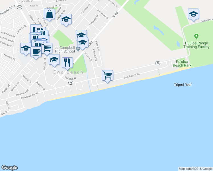 map of restaurants, bars, coffee shops, grocery stores, and more near 91-434 Ewa Beach Road in Ewa Beach