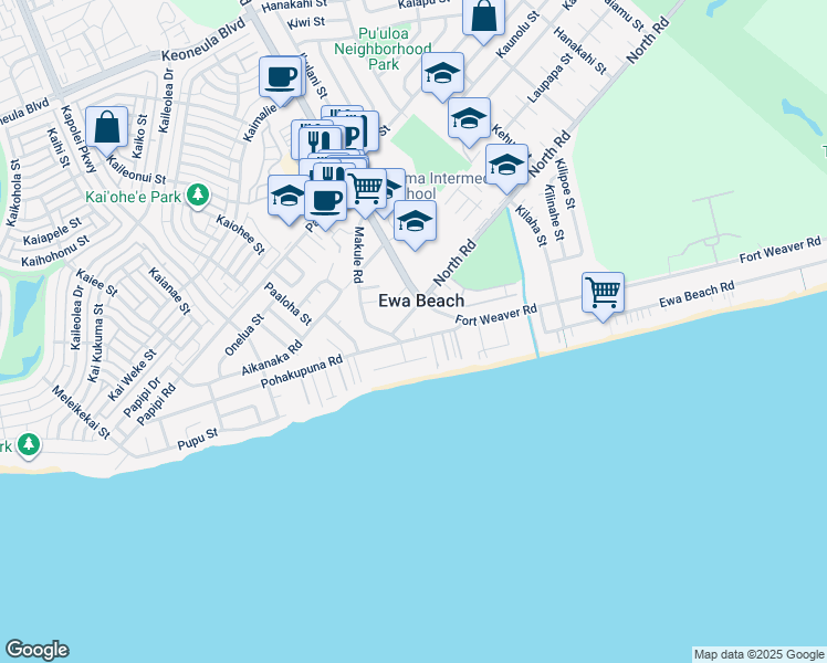 map of restaurants, bars, coffee shops, grocery stores, and more near in Ewa Beach