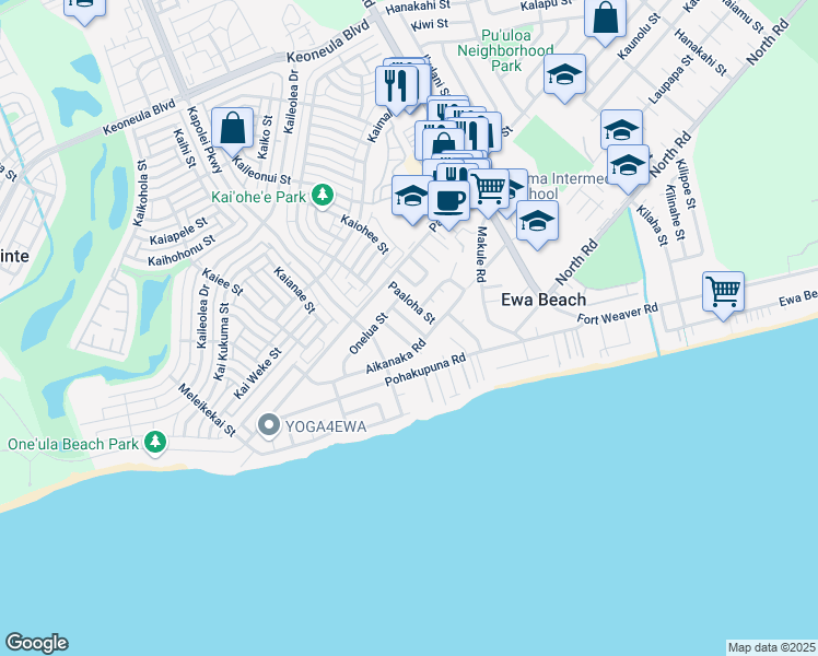 map of restaurants, bars, coffee shops, grocery stores, and more near 91-822 Makaonaona Street in Ewa Beach