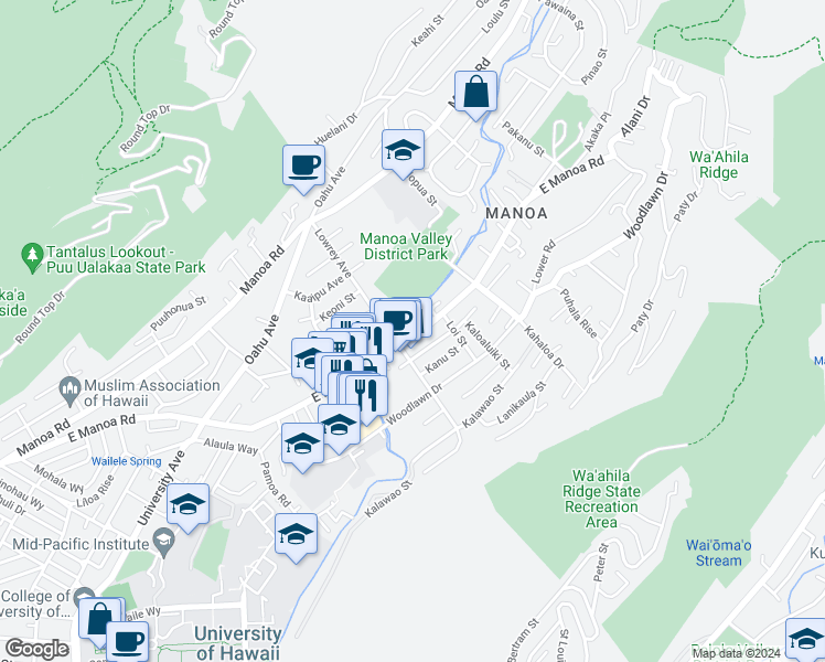 map of restaurants, bars, coffee shops, grocery stores, and more near 3024 East Manoa Road in Honolulu
